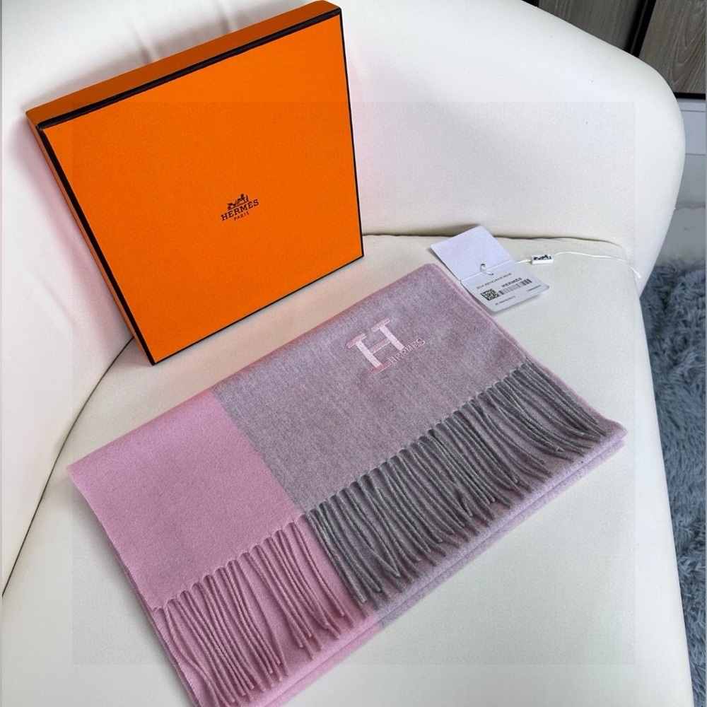 Hermes Pink and Gray Fringed Scarf